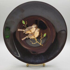 Couroc Chickadee Birds on Branch Hand Inlaid Wood 8 Inch Round Bowl